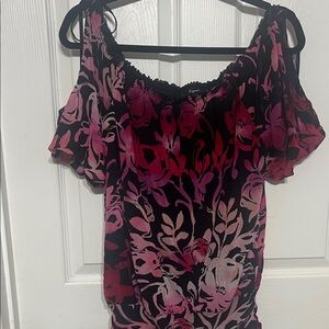Express Off-Shoulder Floral Blouse - Pink and Black